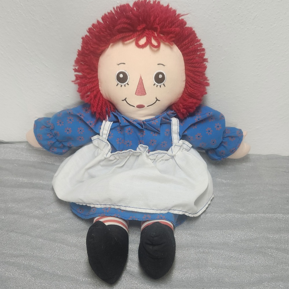 Raggedy Ann Plush Rag Doll Blue Floral Dress Red Yarn Hair 16" vtg Storybook Toy